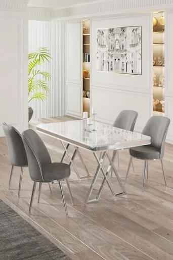 Dining Table & Chairs Set (5 Pieces) Vals - White, Chrome, Grey