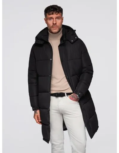 Pánská dlouhá prošívaná zimní bunda s kapucí – černá V1 OM-JALJ-0309