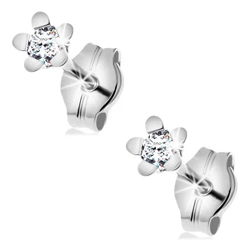 Náušnice z bílého 14K zlata - třpytivý kvítek s lesklými lupínky