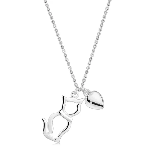 Náhrdelník ze stříbra 925 - sedící kočka, hladké srdce, tenký řetízek