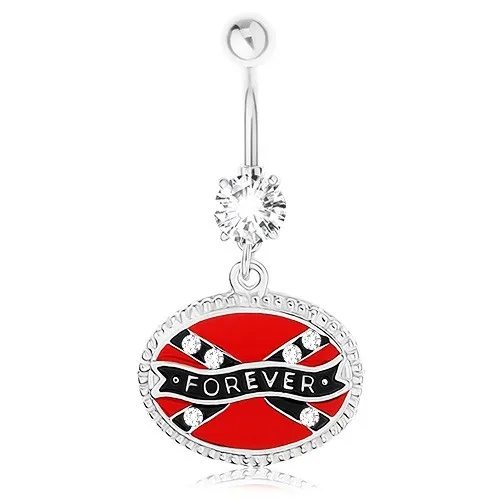 Piercing do břicha, chirurgická ocel, ovál, konfederační vlajka, nápis