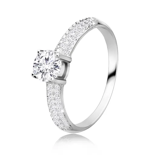 Stříbrný 925 prsten - kulatý zirkon v kotlíku, rozšiřující se zirkonová ramena - Velikost: 56