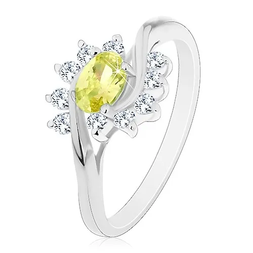 Prsten s lesklými rameny, světle zelený zirkonový ovál a obloučky z čirých zirkonů - Velikost: 49, Barva: Světle zelená