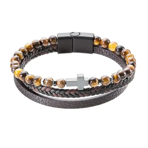 Evolution Group - Pavona Koženkový náramek s korálky z tygřího oka 43044.3 hnědý 19 cm