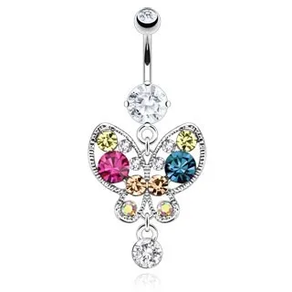 Piercing do pupku z ocele - pestrofarebný motýľ