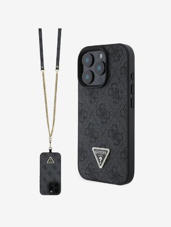 Guess PU 4G Strass Triangle Metal Logo Zadní Kryt + Crossbody Popruh pro iPhone 16 Pro Black Telefontok Lila