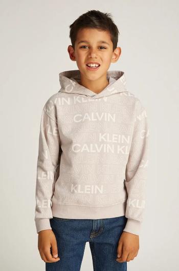 Dětská bavlněná mikina Calvin Klein Jeans 0 béžová barva, s kapucí, vzorovaná, IB0IB02381