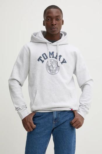 Mikina Tommy Jeans pánská, šedá barva, s kapucí, s potiskem, DM0DM19235