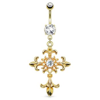 Piercing do bruška z ocele 316L, zlatá farba, ľaliový kríž, zirkóny