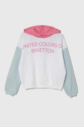 Dětská bavlněná mikina United Colors of Benetton bílá barva, s kapucí, s potiskem