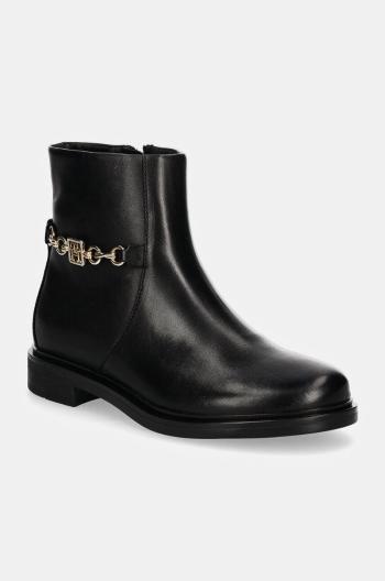 Kožené kotníkové boty Tommy Hilfiger TH CHAIN LEATHER LOW BOOTIE dámské, černá barva, na plochém podpatku, FW0FW08251