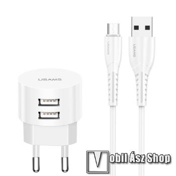 USAMS US T20 hálózati töltő USB aljzattal - 2 USB aljzattal, 5V/2.1A, 10W, 1m-es USB / microUSB adatátviteli és töltő kábellel - FEHÉR - GYÁRI