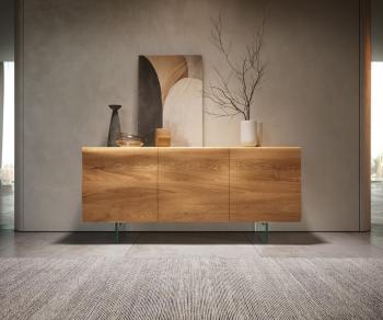 Příborník New Live-Edge 145 cm přírodní dub 3 dvířka skleněná