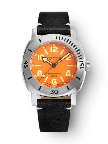 Nivada Grenchen Depthmaster Numerals Orange - Black Leather White Stitching