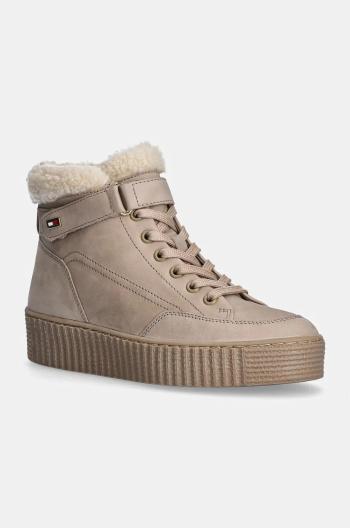 Semišové boty Tommy Hilfiger FAUX FUR NUBUCK LOW LACE-UP béžová barva, na plochém podpatku, zateplené, FW0FW08172