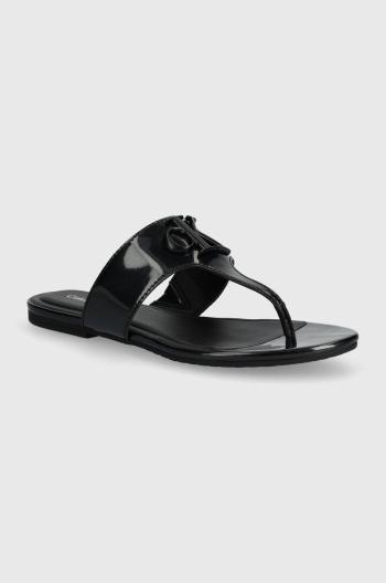 Žabky Calvin Klein Jeans FLAT SANDAL SLIDE TOEPOST MG MET dámské, černá barva, na plochém podpatku, YW0YW01342