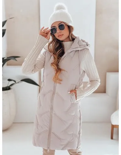 Dámská dlouhá prošívaná vesta s kapucí, béžová