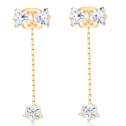 Zlaté visací náušnice 14K s mašlí a zirkonovou hvězdou