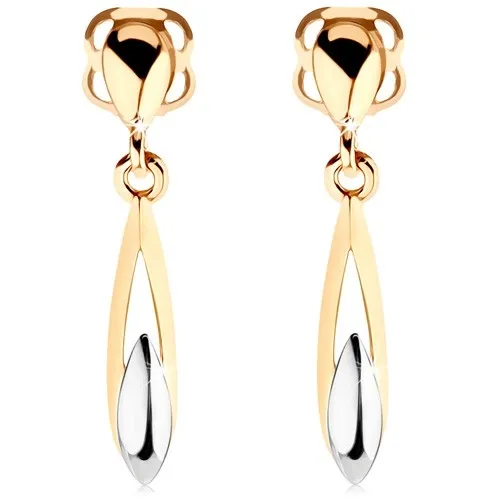 Náušnice ze 14K zlata - dvoubarevná podlouhlá slza s výřezem