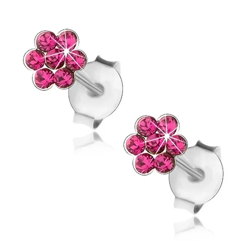 Stříbrné 925 náušnice, třpytivý kvítek z fuchsiových krystalků