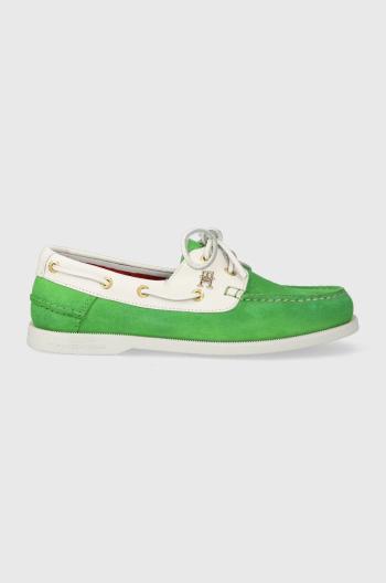 Semišové mokasíny Tommy Hilfiger TH BOAT SHOE dámské, zelená barva, na plochém podpatku, FW0FW07066