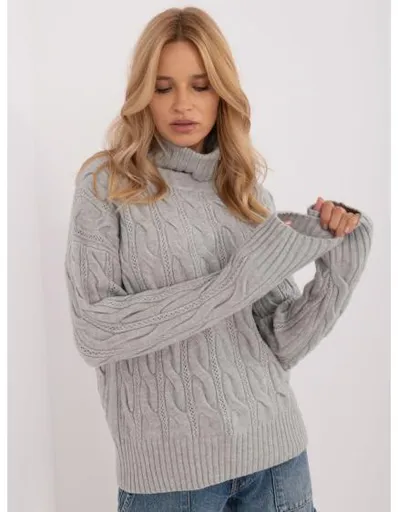 Dámský svetr s rolákem a prolamovaným vzorem šedý