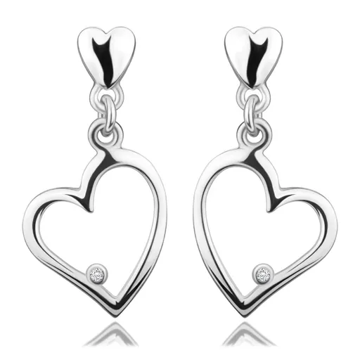 Diamantové náušnice ze stříbra 925 - srdce s čirými brilianty, puzety