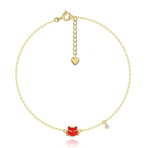 Náramek ze žlutého 14K zlata, přívěsky - červená kočička, čirý zirkon