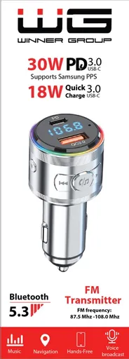 WG - Nabíječka do auta, Transmitter FM, USB-A QC 3.0 18W + USB-C PD 30W, stříbrná