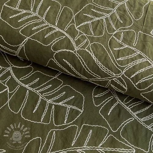 Viskóza se lnem EMBROIDERY Leaves forest green