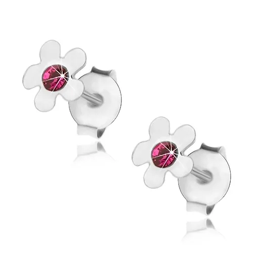 Náušnice ze stříbra 925, lesklý kvítek s fuchsiovým krystalkem uprostřed