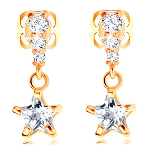 Náušnice ve žlutém 14K zlatě - svislý pás čirých zirkonů, třpytivá hvězdička