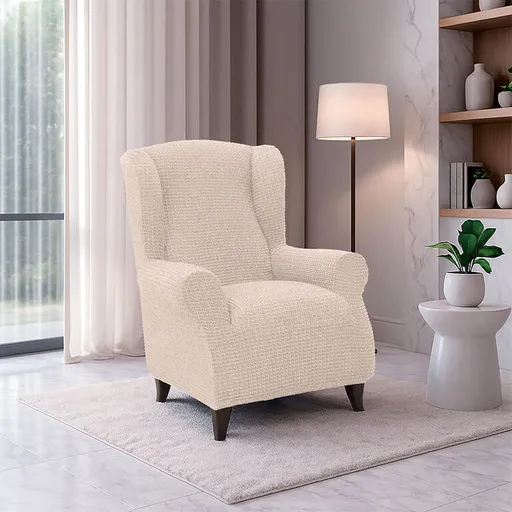 Super strečové potahy RUBINIA smetanová křeslo ušák (š. 70 - 95 cm)