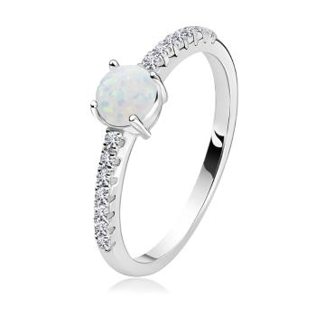 Strieborný 925 prsteň - biely syntetický opál s odleskami, číre zirkóny - Veľkosť: 58 mm