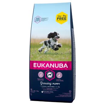 18kg  Eukanuba Puppy Medium Breed csirke száraz kutyatáp bónuszcsomagban 15 + 3 kg ingyen