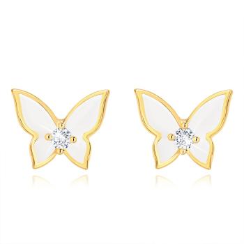 Zlaté náušnice 14K v podobe motýľa s bielou glazúrou a zirkónom
