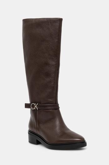 Kožené kozačky Calvin Klein HEEL KNEE BOOT 30 W/HW LTH dámské, hnědá barva, na platformě, HW0HW02184