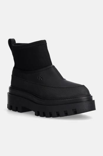 Nízké kozačky Calvin Klein Jeans FLATFORM RAINBOOT LOW MG R dámské, černá barva, na plochém podpatku, YW0YW01560