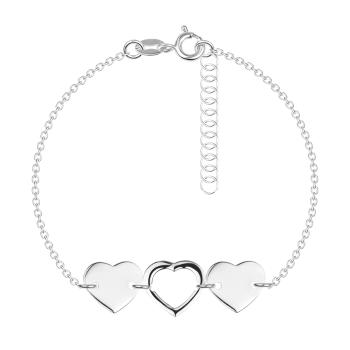 Strieborný 925 náramok - dve plné srdcia, jeden obrys, lesklý povrch