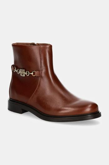 Kožené kotníkové boty Tommy Hilfiger TH CHAIN LEATHER LOW BOOTIE dámské, hnědá barva, na plochém podpatku, FW0FW08251