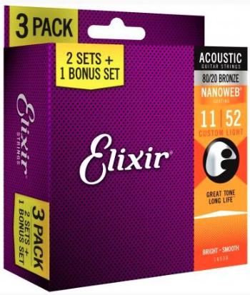 Elixir Acoustic 80/20 Bronze Nanoweb 3 PACK tvrdost 011/052