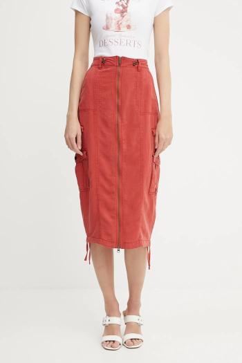 Sukňa s prímesou ľanu Guess CASEY červená farba, midi, rovný strih, W5GD1H WG8N0