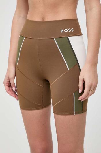 Kraťasy BOSS x Alica Schmidt dámské, hnědá barva, vzorované, high waist