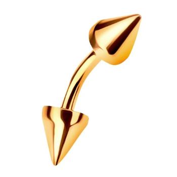 Zlatý piercing 585 - zahnutá činka ukončená dvoma kužeľovitými hrotmi, 6 mm