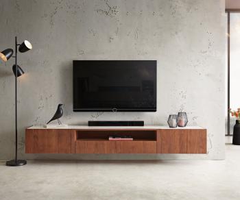 TV stolek Secara 220 cm akácie hnědá 2 dvířka 2 zásuvky mramor
