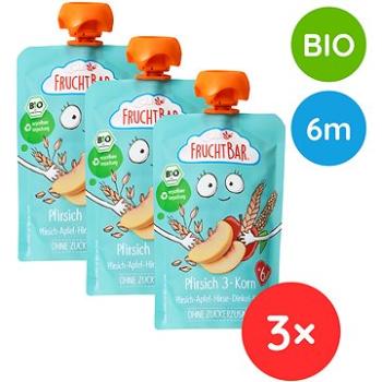 FruchtBar BIO 100% recykovatelná ovocná kapsička s jablkem, broskví, meruňkami a ovsem 3× 100 g (8594205750065)