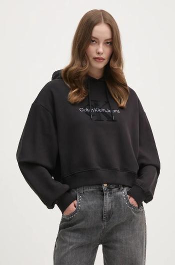 Bavlněná mikina Calvin Klein Jeans dámská, černá barva, s kapucí, s aplikací, J20J224170