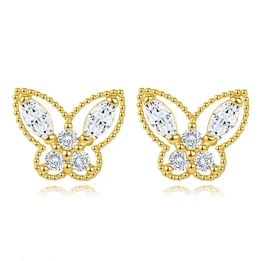 Náušnice ze žlutého zlata 585 - strukturovaný motýl, čiré zirkony, puzety