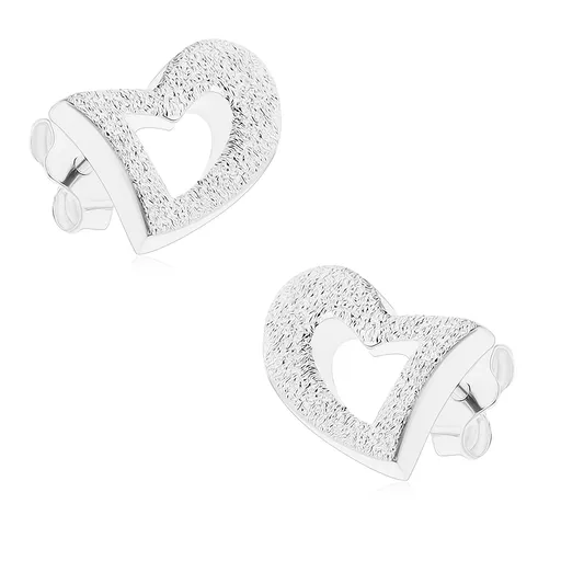 Náušnice ze stříbra 925, kontura nesouměrného srdce, pískovaný povrch