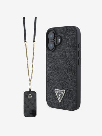 Guess PU 4G Strass Triangle Metal Logo Zadní Kryt + Crossbody Popruh pro iPhone 16 Black Telefontok Lila